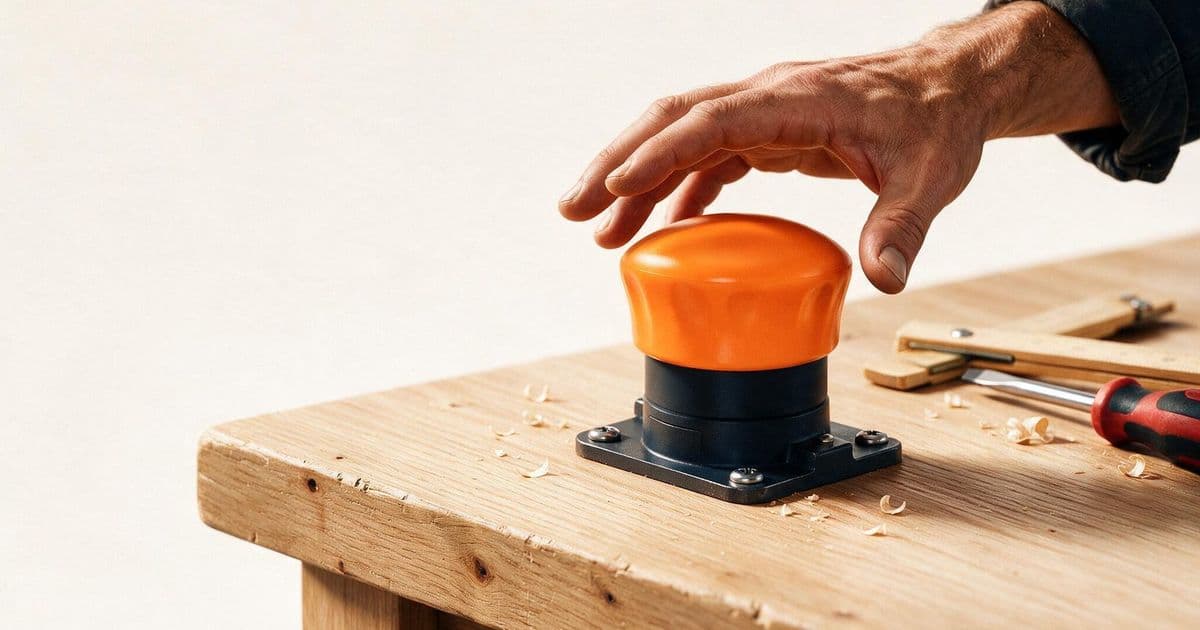 Amberfarbener Not-Aus-Schalter auf einer Werkbank – Symbol für den Widerrufsbutton nach § 356a BGB